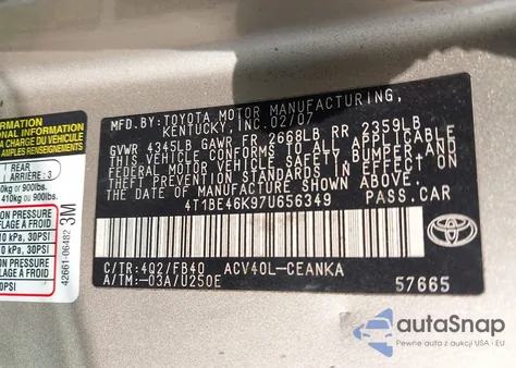 2007 Toyota Camry Le from USA, damaged, VIN 4T1BE46K97U656349